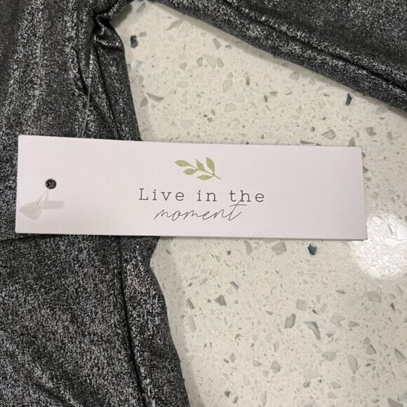 NWT LIVE IN THE MOMENT Metallic Shimmer Dark Silver Bodysuit Size M Deep V - Picture 5 of 10